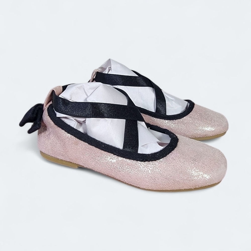 Cat & Jack Pink Shimmer Ballet Flats Girls Size 8 Criss Cross Top Back Bow